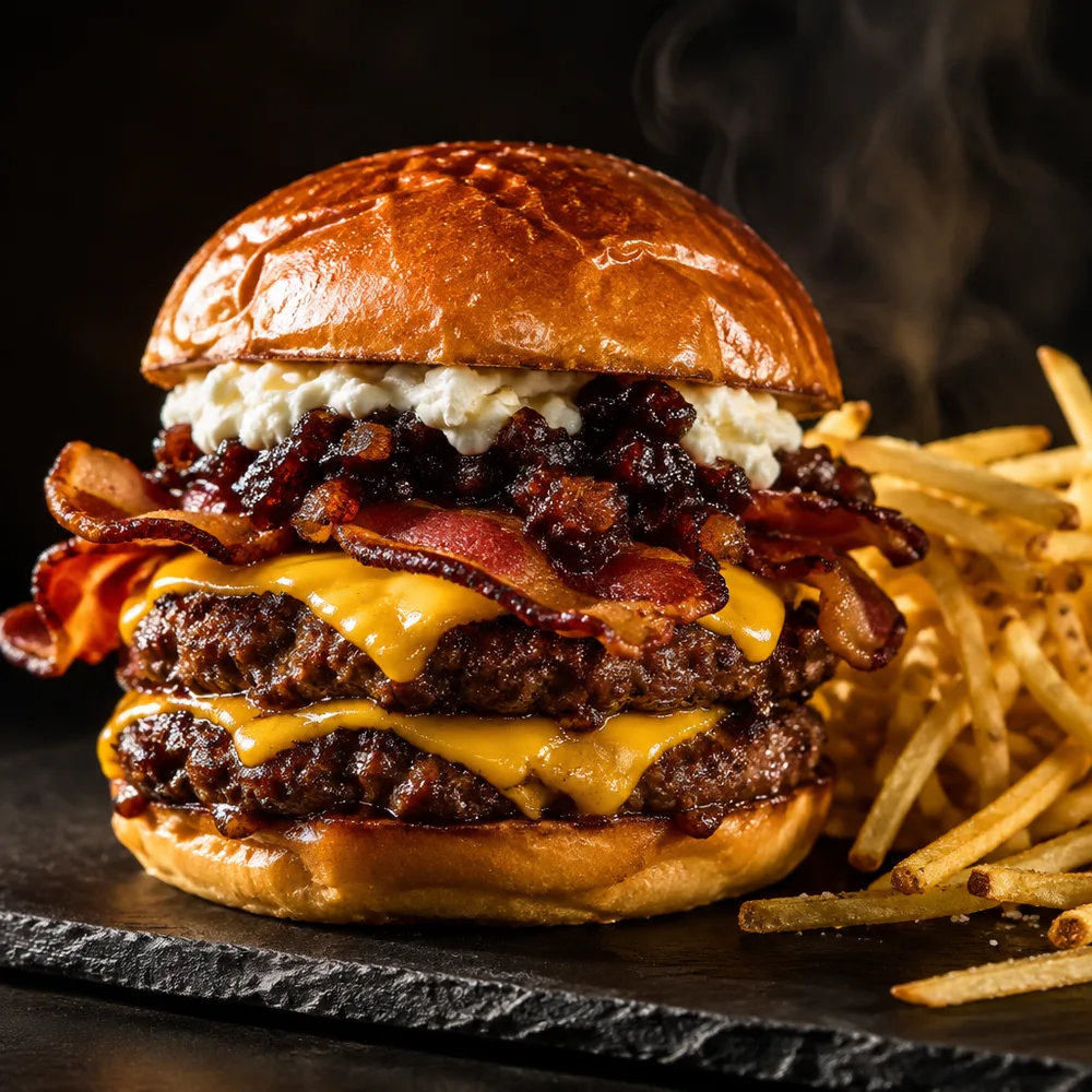 Parche Burger: doble carne, cheddar, tocineta y bacon jam en pan brioche