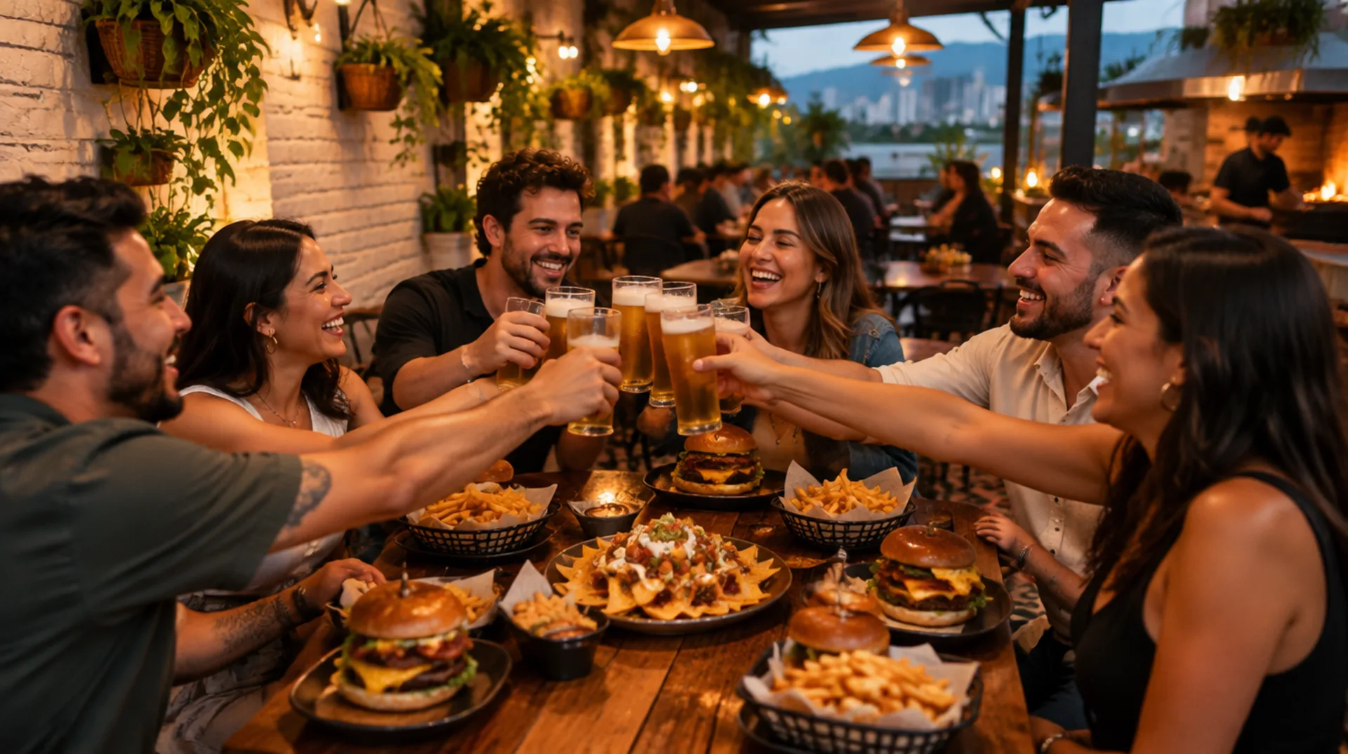 Amigos brindando con cerveza sobre una mesa de hamburguesas y papas en Parche Grill