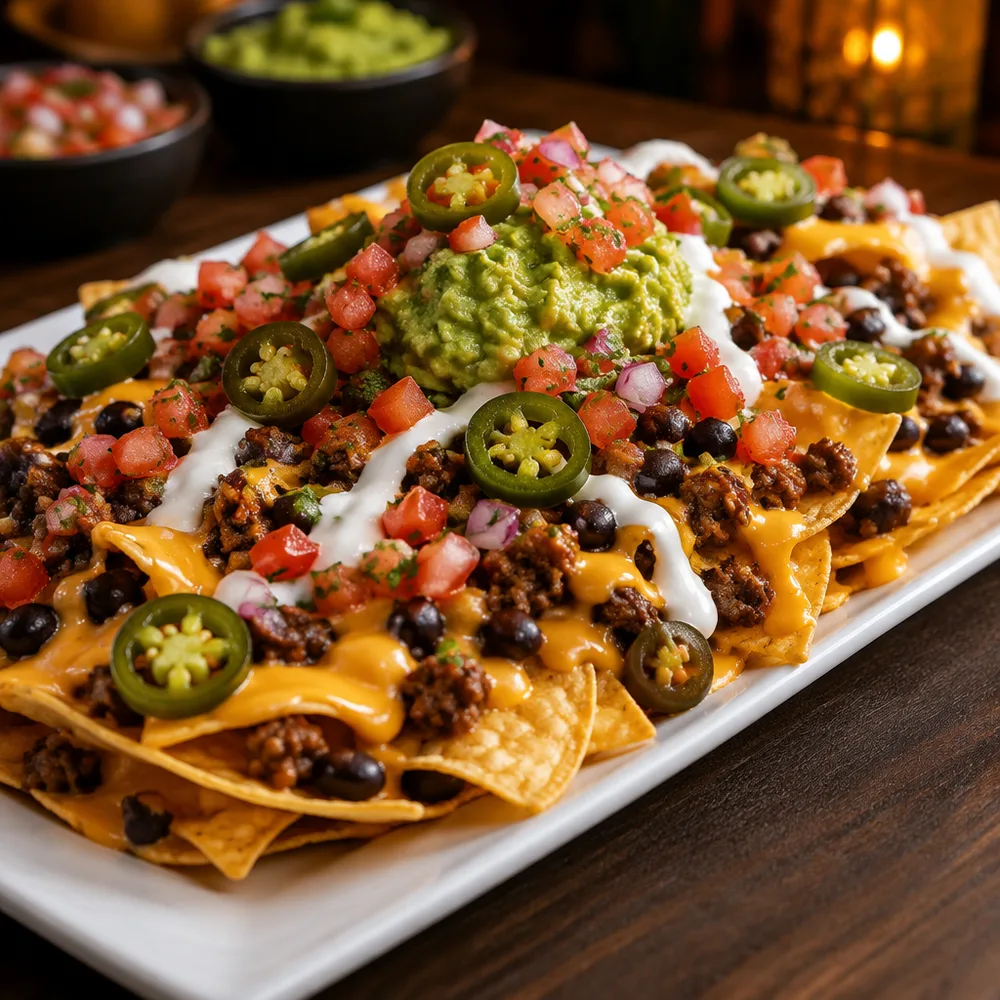 Nachos supreme cargados con carne, queso y guacamole para compartir