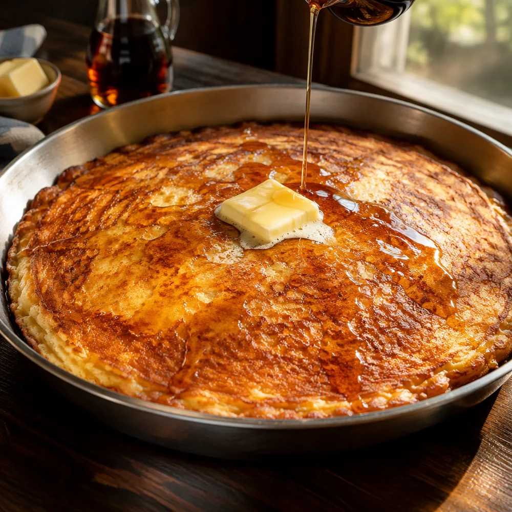 El Gigante Pancake de 35 cm con mantequilla y syrup
