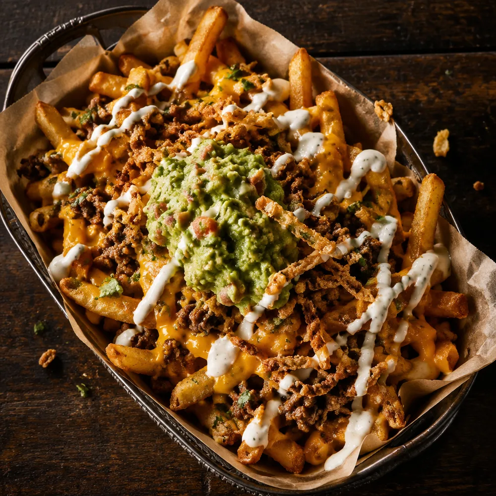 Papas locas cargadas con carne y queso cheddar