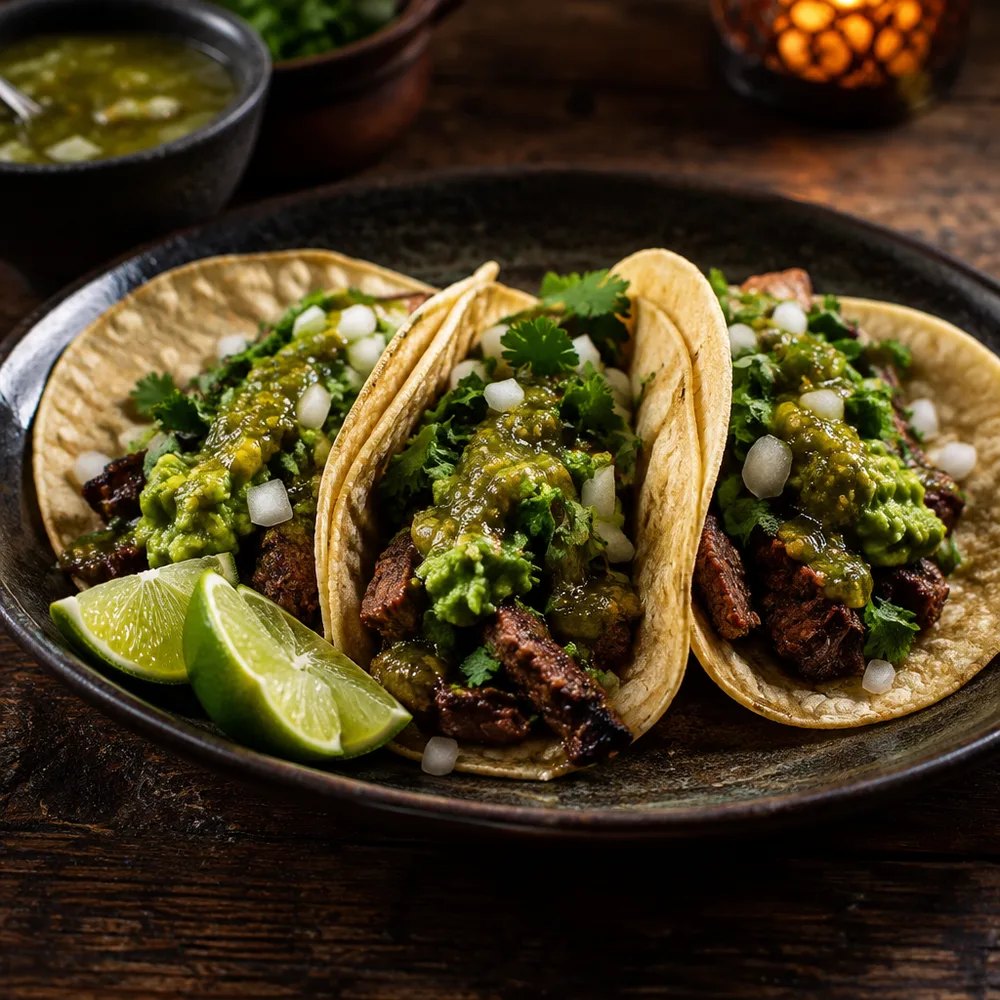 Tacos de carne asada con guacamole, cebolla y cilantro